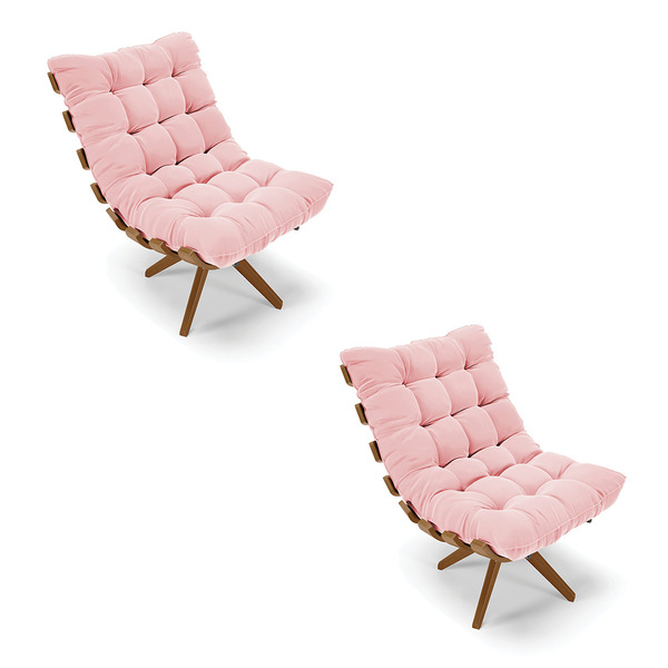 Kit 02 Poltronas Giratória Costela Suede Base Madeira Ma30 -