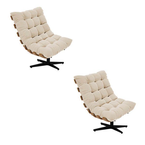 Kit 02 Poltronas Giratória Costela Suede Bege Base Giratória