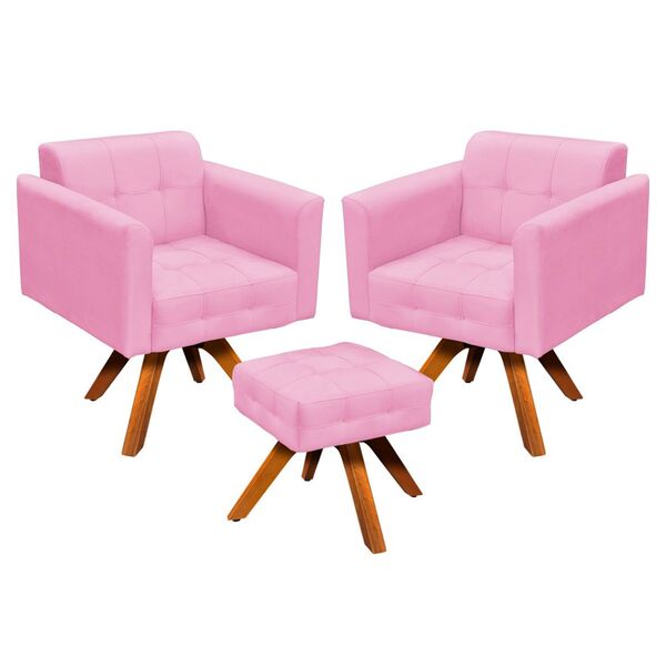 Kit 02 Poltronas Giratória Elisa E 01 Puff Suede Base Madeira