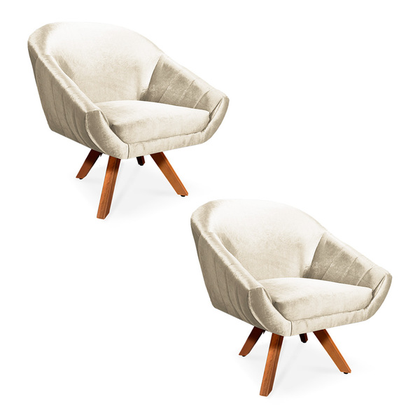 Kit 02 Poltronas Giratória Giovana Acetinado Bege Base Madeir