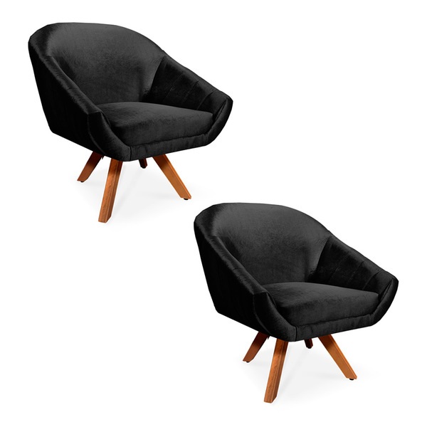 Kit 02 Poltronas Giratória Giovana Acetinado Preto Base Madei