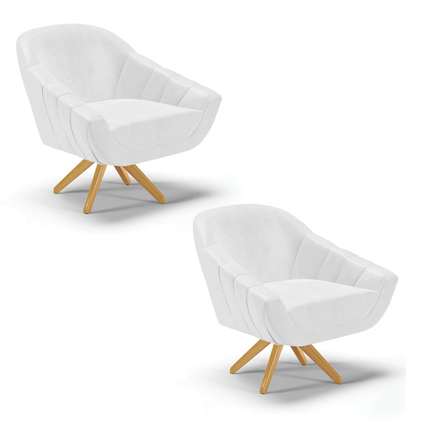 Kit 02 Poltronas Giratória Giovana Corano Branco Base Madeira