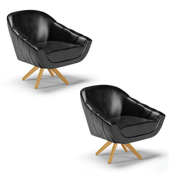 Kit 02 Poltronas Giratória Giovana Corano Preto Base Madeira
