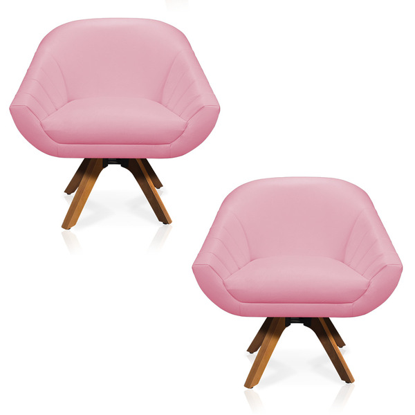 Kit 02 Poltronas Giratória Giovana Corino Base Madeira Mm30 -