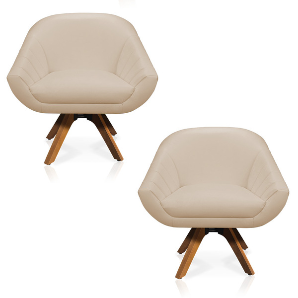 Kit 02 Poltronas Giratória Giovana Corino Bege Base Madeira M