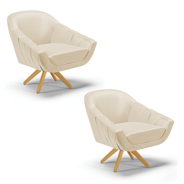 Kit 02 Poltronas Giratória Giovana Corino Bege Base Madeira M