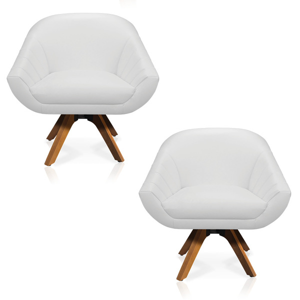 Kit 02 Poltronas Giratória Giovana Corino Branco Base Madeira