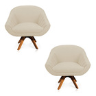 Kit 02 Poltronas Giratória Giovana Linho Palha A32 Base Madei
