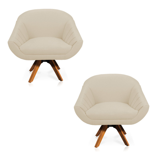 Kit 02 Poltronas Giratória Giovana Linho Palha A32 Base Madei