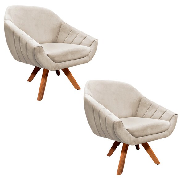 Kit 02 Poltronas Giratória Giovana Suede Bege Base Madeira Mm