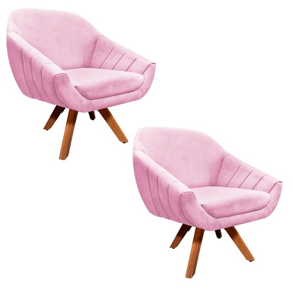 Kit 02 Poltronas Giratória Giovana Suede Rosa Bebê Base Madei