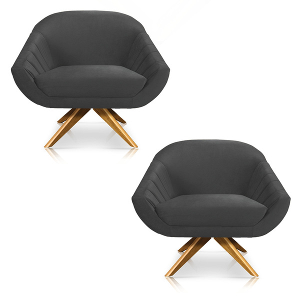 Kit 02 Poltronas Giratória Giovana Veludo Base Madeira Ma30 -