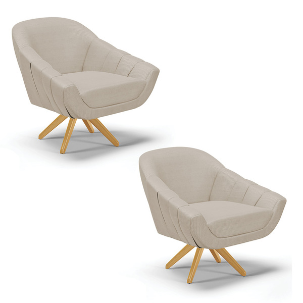 Kit 02 Poltronas Giratória Giovana Veludo Luxo Base De Madeir