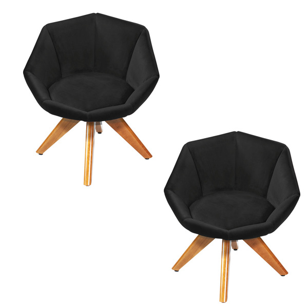 Kit 02 Poltronas Giratória Jaspe Veludo Preto Base De Madeira
