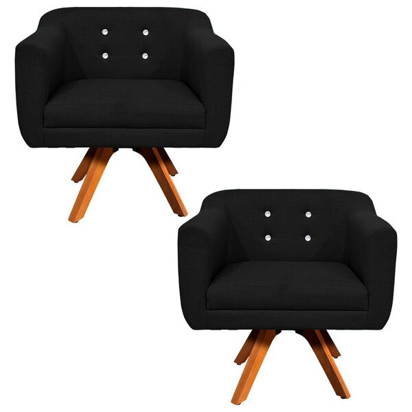 Kit 02 Poltronas Giratória Julia Linho Com Strass Base Madeir