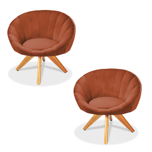 Kit 02 Poltronas Giratória Lina Veludo Falu Base De Madeira -