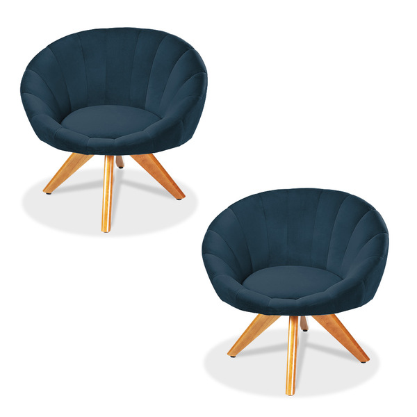 Kit 02 Poltronas Giratória Lina Veludo Marinho Base De Madeir