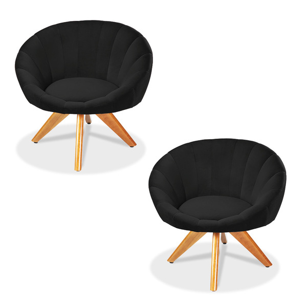 Kit 02 Poltronas Giratória Lina Veludo Preto Base De Madeira