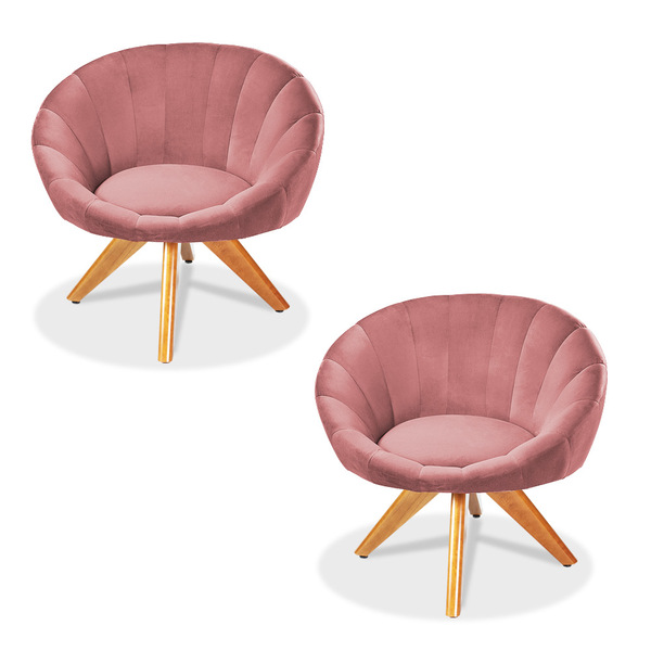 Kit 02 Poltronas Giratória Lina Veludo Rosa Base De Madeira -