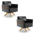 Kit 02 Poltronas Giratória Mari Corano Preto Base De Madeira
