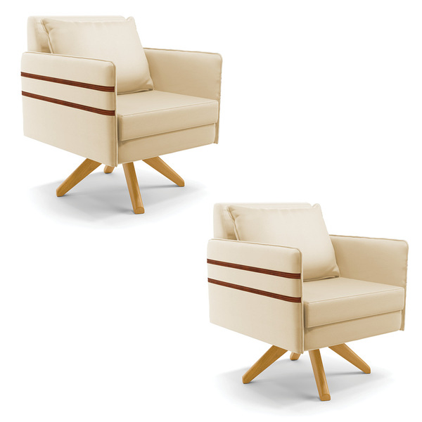Kit 02 Poltronas Giratória Mari Corino Bege Base De Madeira M