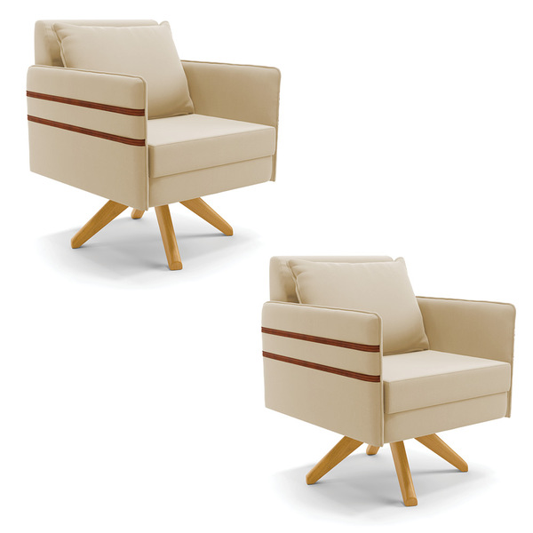 Kit 02 Poltronas Giratória Mari Suede Base De Madeira Ma30 D0