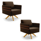 Kit 02 Poltronas Giratória Mari Suede Marrom Base De Madeira