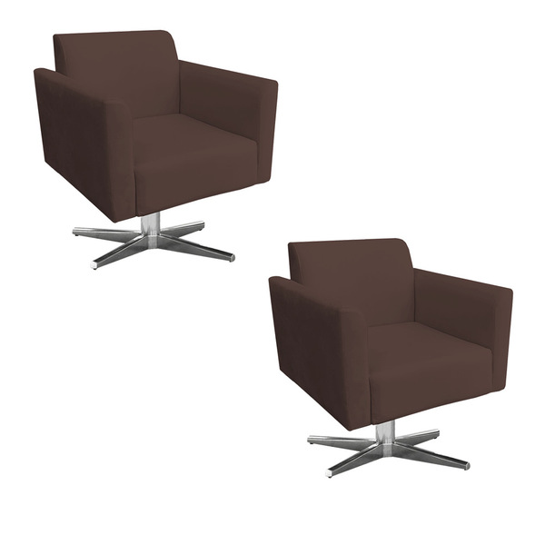Kit 02 Poltronas Giratória Marisa Suede Base Cromada - Marrom