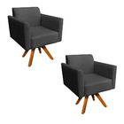 Kit 02 Poltronas Giratória Marisa Suede Preto Base Madeira Mm