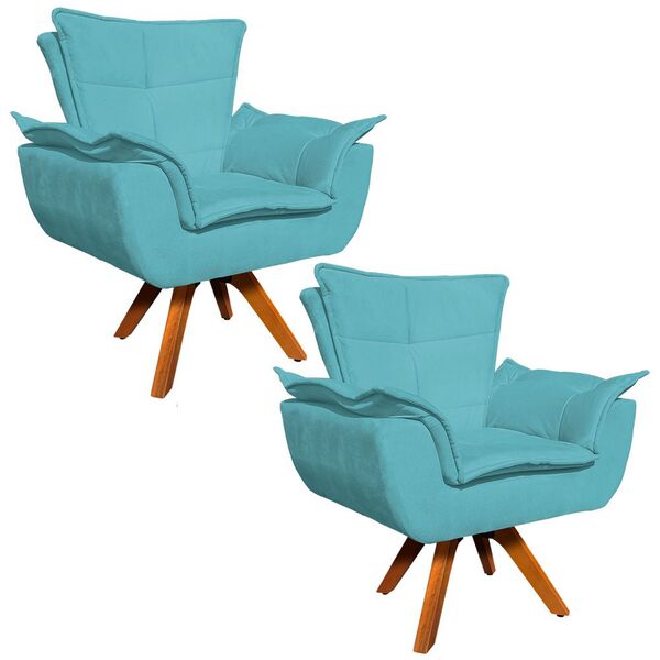 Kit 02 Poltronas Giratória Opala Suede Azul Turquesa Base Mad