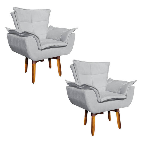 Kit 02 Poltronas Giratória Opala Suede Cinza Base Pés Palito