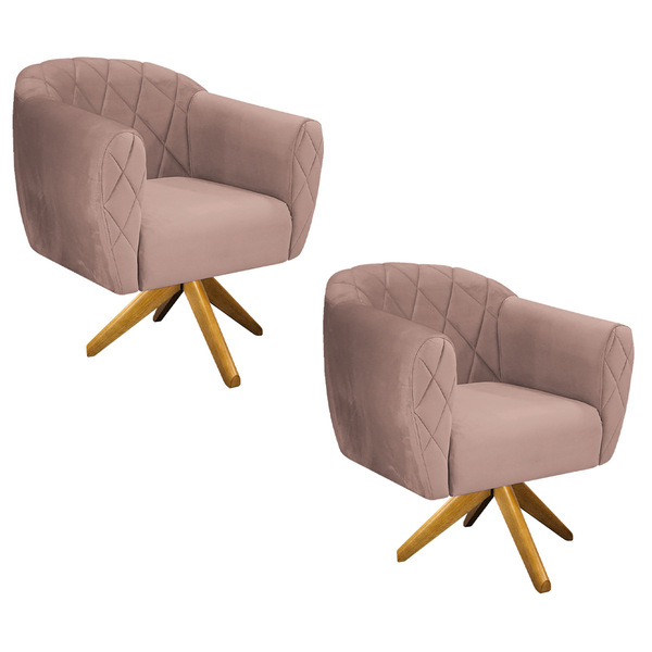 Kit 02 Poltronas Grazi Base Giratória De Madeira Linho - Amar