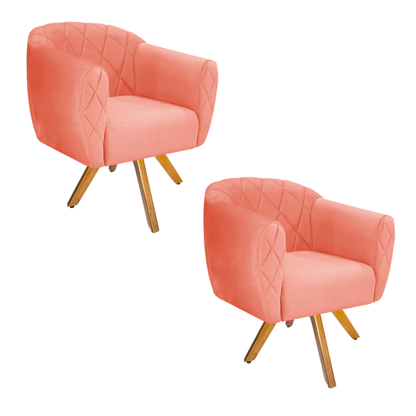 Kit 02 Poltronas Grazi Base Giratória De Madeira Suede - Doce