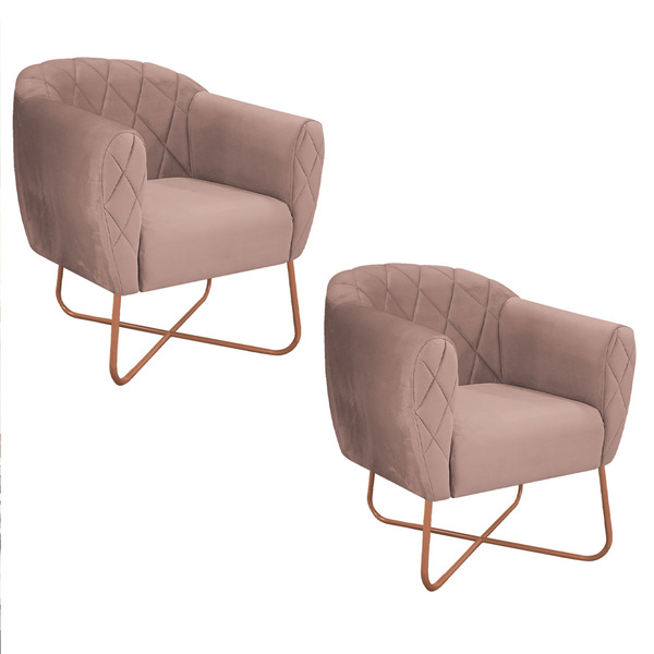Kit 02 Poltronas Grazi Base X Bronze Linho - Amarena Móveis -
