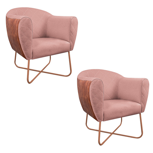 Kit 02 Poltronas Grazi Base X Bronze Sintético Nozes Linho -