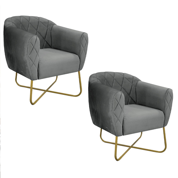 Kit 02 Poltronas Grazi Base X Dourada Suede - Doce Sonho Móve