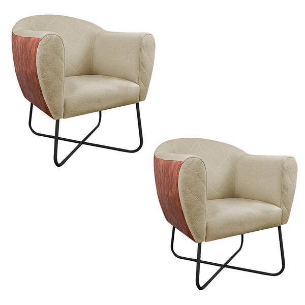 Kit 02 Poltronas Grazi Base X Preta Sintético Nozes Linho - D