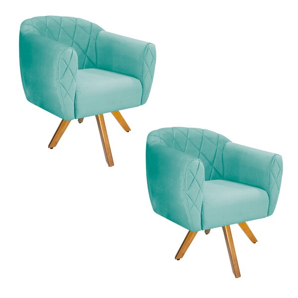 Kit 02 Poltronas Helena Base Giratória De Madeira Suede Azul