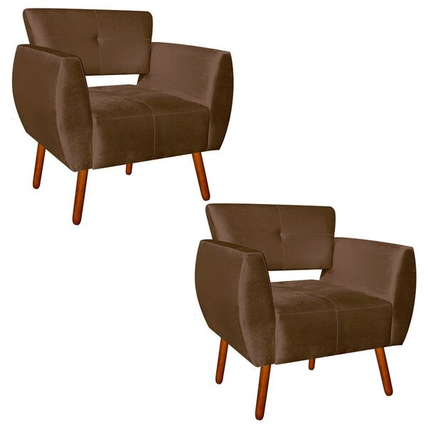 Kit 02 Poltronas Josy Acetinado Marrom Pés Palito Castanho D'