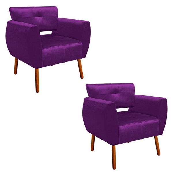 Kit 02 Poltronas Josy Acetinado Roxo Pés Palito Castanho D'ro