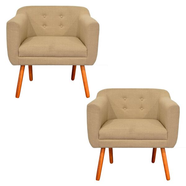 Kit 02 Poltronas Julia Linho Palha A32 Pés Palito Castanho D'