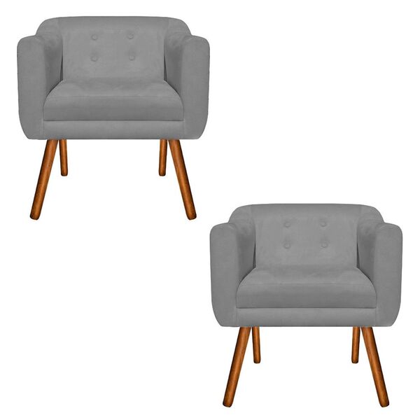 Kit 02 Poltronas Julia Suede Grafite Pés Palito Castanho D01