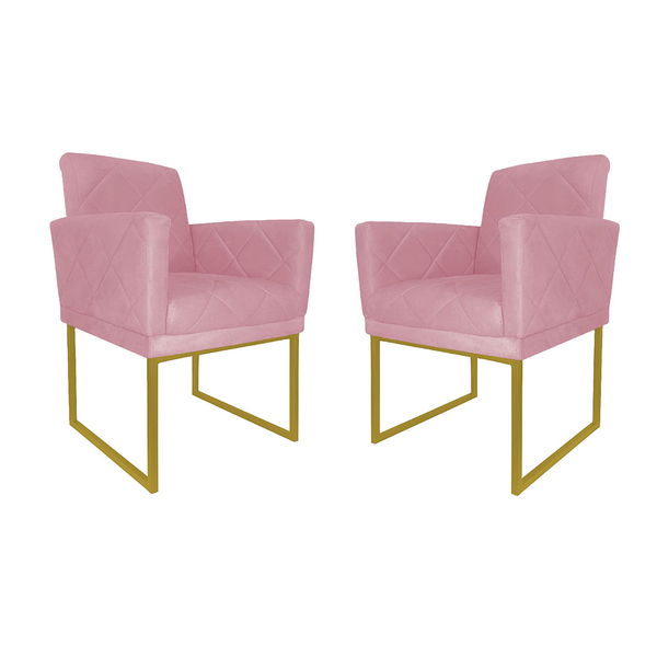 Kit 02 Poltronas Klara Decorativa Base Ferro Dourado Suede -