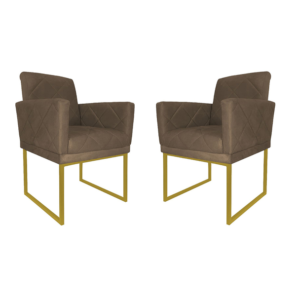 Kit 02 Poltronas Klara Decorativa Base Ferro Dourado Suede -