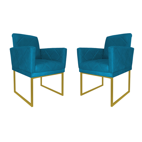 Kit 02 Poltronas Klara Decorativa Base Ferro Dourado Suede -
