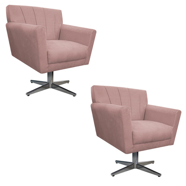 Kit 02 Poltronas Laura Base Giratória De Metal Suede Rosê - A