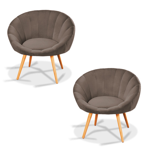 Kit 02 Poltronas Lina Veludo Grafite Pés Palito Castanho - D'