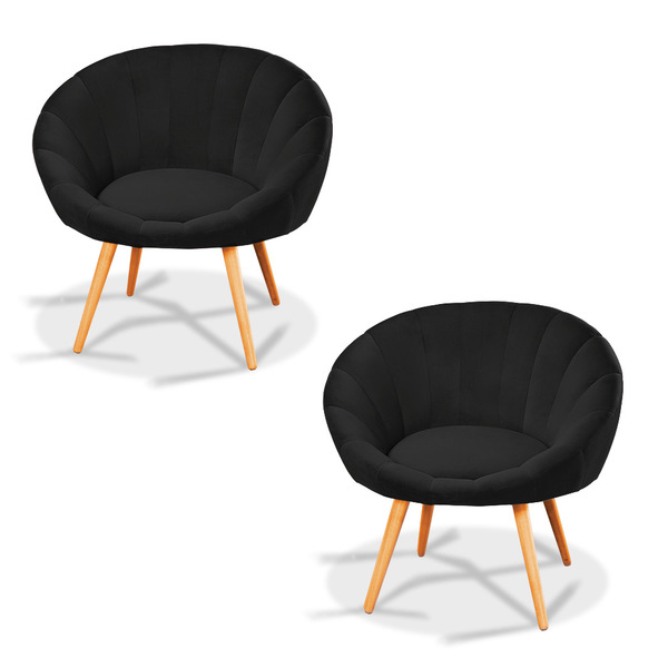 Kit 02 Poltronas Lina Veludo Preto Pés Palito Castanho - D'ro