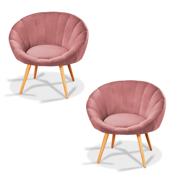 Kit 02 Poltronas Lina Veludo Rosa Pés Palito Castanho - D'ros
