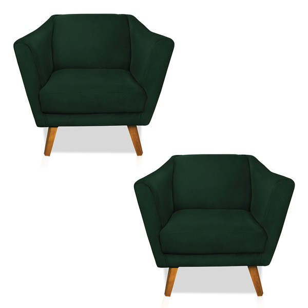 Kit 02 Poltronas Lorena Veludo Verde Esmeralda Pés Chanfrado